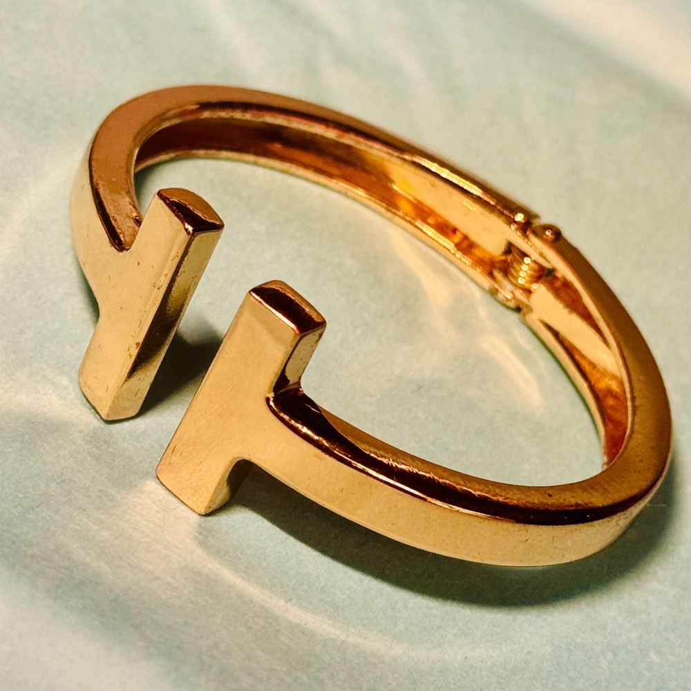 Tiffany Style/Double T Hinged Gold Bracelet